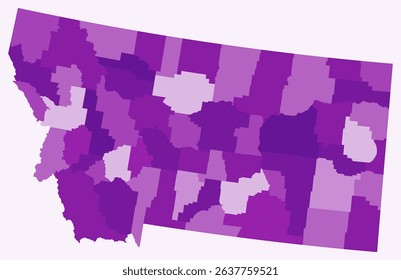 Map of Montana with counties. A simple state border map with county divisions in a purple color palette. Flat design with administrative divisions. Vector illustration.