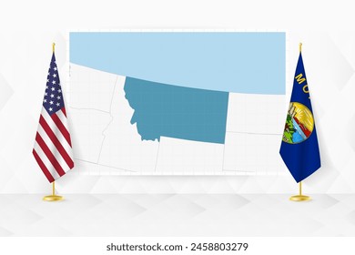 Map of Montana and flags of Montana on flag stand. Vector illustration for diplomacy meeting.