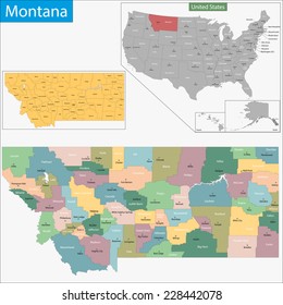 Map of Montana state designed in illustration with the counties and the county seats