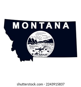 Map of the Montana state with the official flag in white and black colors isolated on white background. Vector illustration