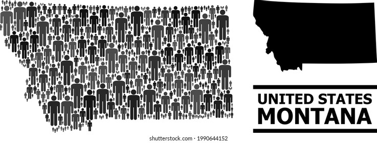 Map of Montana State for political promotion. Vector population abstraction. Pattern map of Montana State combined of population items. Demographic scheme in dark gray color tinges.