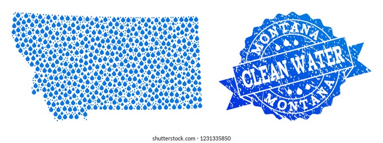 Map of Montana State vector mosaic and clean water grunge stamp. Map of Montana State created with blue liquid raindrops. Seal with grunge rubber texture for clean drinking water.
