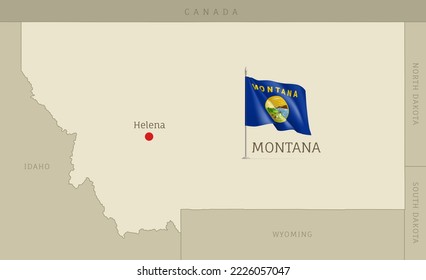 Map of Montana USA federal state with waving flag. Highly detailed editable map of Montana state with territory borders, neighboring states and Helena capital city vector illustration