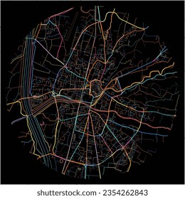 Map of Montelimar, Drôme with all major and minor roads, railways and waterways. Colorful line art on black background.