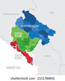 Map of the Montenegro with administrative divisions of the country into regions and Municipality, detailed vector illustration