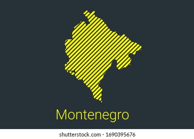 Map of Montenegro with black stripes on a yellow background for coronavirus infographics and quarantine area markers and restrictions. vector illustration
