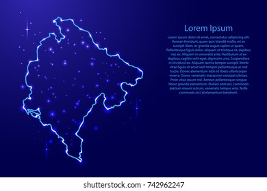 Map Montenegro from the contours network blue, luminous space stars for banner, poster, greeting card, of vector illustration