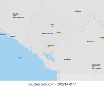 Map of Montenegro. Map is drawn in high detail and for clarity shows only major cities. Country is drawn with neighboring countries.