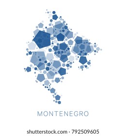 map of Montenegro filled with abstract mosaic of pentagons of different sizes and degrees of transparency