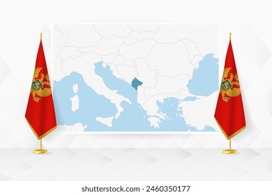 Mapa de Montenegro y banderas de Montenegro en el stand de la bandera. Ilustración vectorial para la reunión de diplomacia.