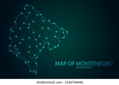 Map of Montenegro - With glowing point and lines scales on The Dark Gradient Background, 3D mesh polygonal network connections. Vector illustration eps10.