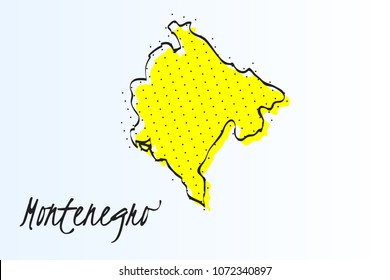 Map of Montenegro, halftone abstract background. The black dots on a yellow background. drawn border line. vector illustration