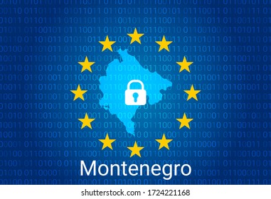 Map of Montenegro, with lock and binary code background. europe union internet blocking, virus attack, privacy protect. vector illustration