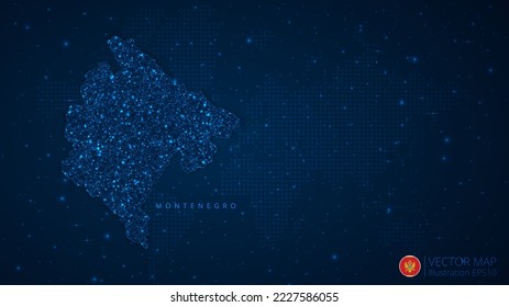 Map of Montenegro modern design with polygonal shapes on dark blue background. Business wireframe mesh spheres from flying debris. Blue structure style vector illustration concept.