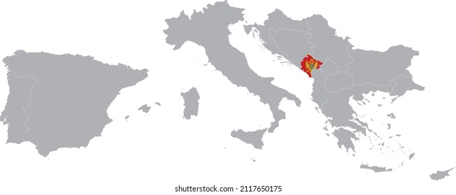 Map of Montenegro with national flag within the gray map of South Europe