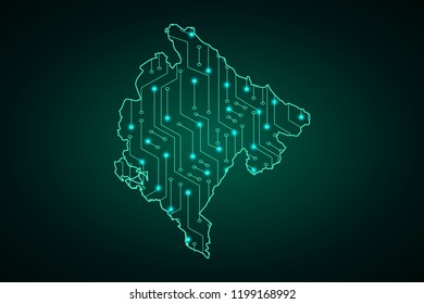 Map of Montenegro, network line, design sphere, dot and structure on dark background with Map Montenegro, Circuit board. Vector illustration. Eps 10