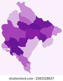 Map of Montenegro with regions. Just a simple country border map with region division. Purple color palette. Plain Montenegro shape with administrative division. Vector illustration.