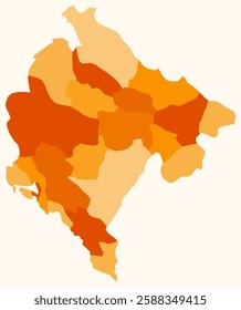 Map of Montenegro with regions. A simple country border map with region division in an orange color palette. Flat Montenegro shape with administrative division. Vector illustration.