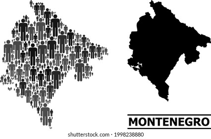 Mapa de Montenegro con fines sociales. Mosaico demográfico vectorial. Mapa de composición de Montenegro hecho de íconos sociales. Esquema demográfico en tonos grises oscuros.