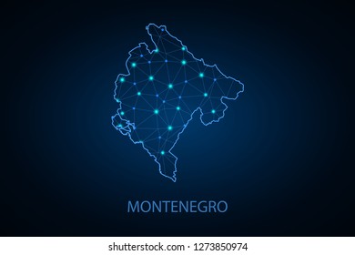 Mapa de Montenegro. Wire frame 3D malha linha de rede poligonal, esfera de design, ponto e estrutura. mapa de comunicações de Montenegro. Ilustração de vetor EPS10. - Vetor