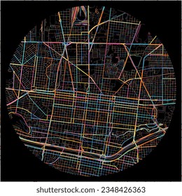 Map of Monterrey, Nuevo León with all major and minor roads, railways and waterways. Colorful line art on black background.