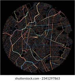 Map of MontesClaros with all major and minor roads, railways and waterways. Colorful line art on black background.