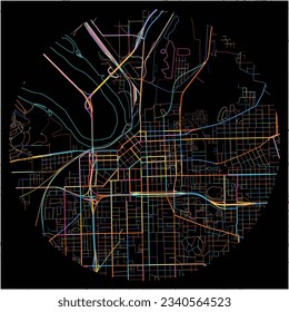 Map of Montgomery, Alabama with all major and minor roads, railways and waterways. Colorful line art on black background.