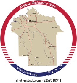 Map of Montgomery county in Alabama, USA arranged in a circle.