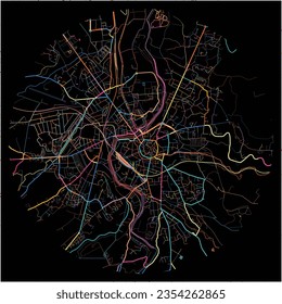 Mapa de Montluçon, Allier con todas las carreteras principales y menores, ferrocarriles y vías fluviales. Coloridas líneas de arte sobre fondo negro.