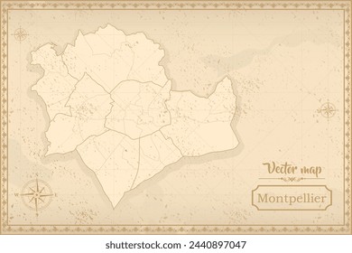 Map of Montpellier in the old style, brown graphics in retro fantasy style. city in France.