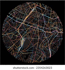 Map of Montrouge, Hauts-de-Seine with all major and minor roads, railways and waterways. Colorful line art on black background.