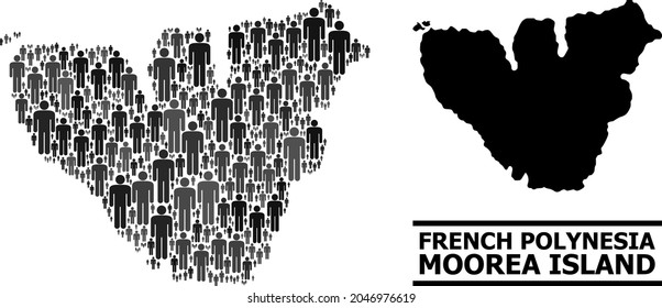 Map of Moorea Island for demographics promotion. Vector demographics collage. Collage map of Moorea Island composed of man icons. Demographic concept in dark grey color variations.