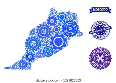 Map of Morocco created with blue cog symbols, and isolated scratched stamps for official repair services. Vector abstract mosaic of map of Morocco with industry symbols in blue shades.