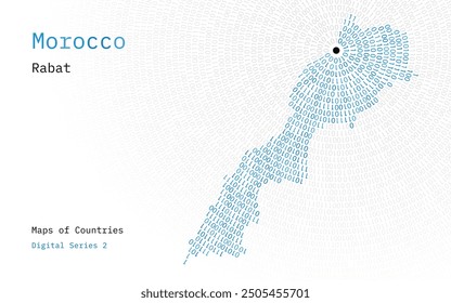 A map of Morocco depicted in zeros and ones in the form of a circle. The capital, Rabat, is shown in the center of the circle	
