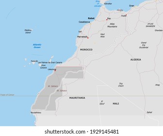 Map of Morocco. Map is drawn in high detail and for clarity shows only major cities. Country is drawn with neighboring countries.