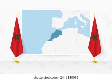 Map of Morocco and flags of Morocco on flag stand. Vector illustration for diplomacy meeting.