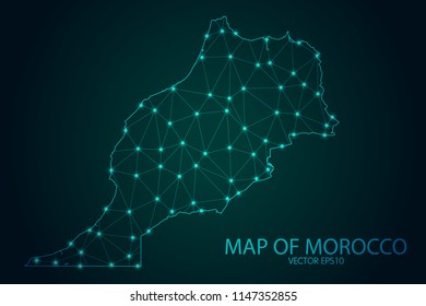 Map of Morocco - With glowing point and lines scales on The Dark Gradient Background, 3D mesh polygonal network connections. Vector illustration eps10.