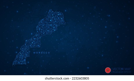 Map of Morocco modern design with polygonal shapes on dark blue background. Business wireframe mesh spheres from flying debris. Blue structure style vector illustration concept.