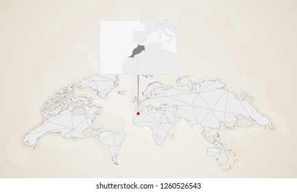 Map of Morocco with neighbor countries pinned on world map. Abstract triangles World Map.