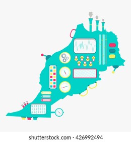 Map of Morocco shaped machine. Moroccan engine with buttons, monitors and levers. Isolated. White background.