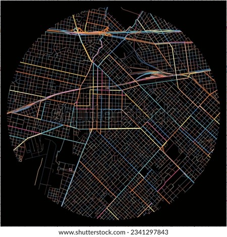 Map of Moron with all major and minor roads, railways and waterways. Colorful line art on black background.