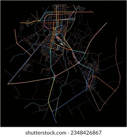 Map of Moron, Ciego de Ávila with all major and minor roads, railways and waterways. Colorful line art on black background.