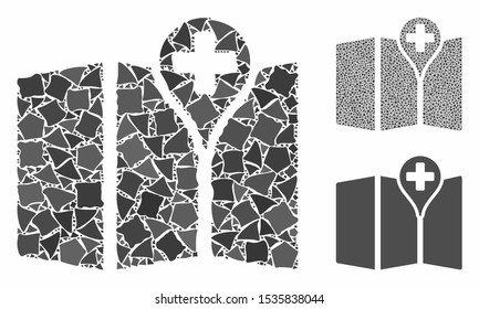 Map mosaic of trembly parts in variable sizes and color tones, based on map icon. Vector uneven parts are combined into mosaic. Map icons collage with dotted pattern.