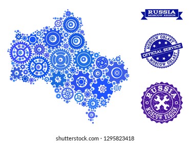 Map of Moscow Region formed with blue cog symbols, and isolated scratched stamps for official repair services. Vector abstract mosaic of map of Moscow Region with job symbols in blue color tints.