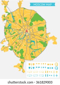 Map of Moscow with the Russian names of the main roads and and infographic elements. All objects are located on separate layers.