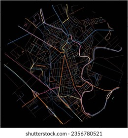 Map of Mosonmagyarovar, Győr-Moson-Sopron with all major and minor roads, railways and waterways. Colorful line art on black background.