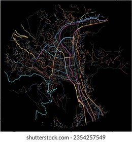 Map of Mostar, Herzegovina-Neretva Canton with all major and minor roads, railways and waterways. Colorful line art on black background.