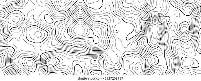 Map mountain topography with line contour background for pattern topographic vector. Texture abstract cartography with ocean trail wood for land sea topo. Terrain relief geography.