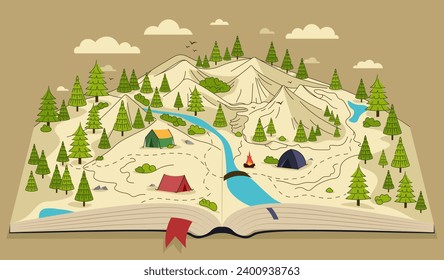 Map with mountains in book. Symbol of great adventures and travels. Tents and tresss, forest and river. Poster with hilly landscape. Cartoon flat vector illustration isolated on brown background