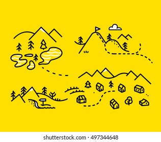Map mountains. Set graphic elements yellow black contour